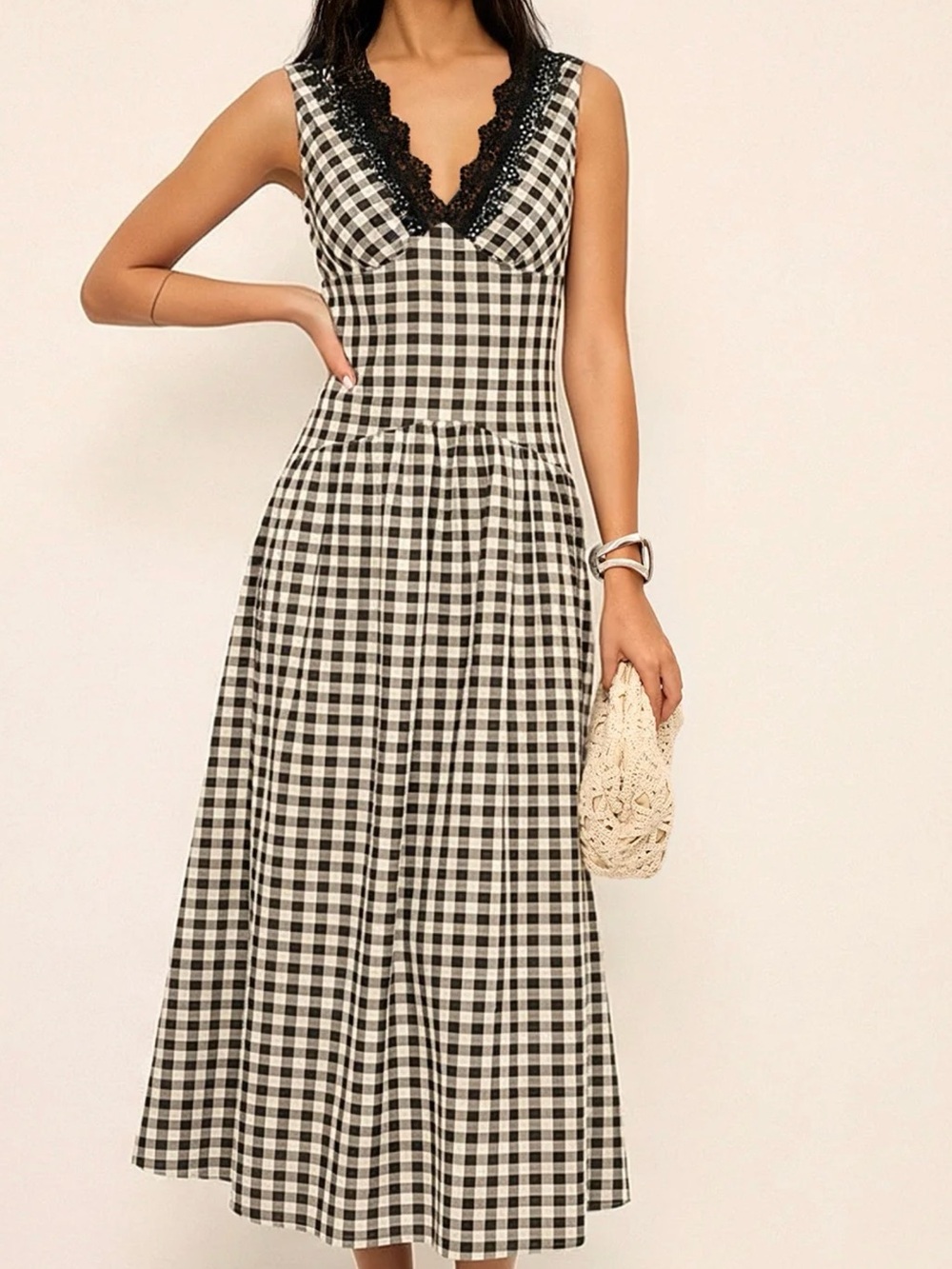 Commense Sleeveless Lace Trim Gingham Maxi Dress - Large